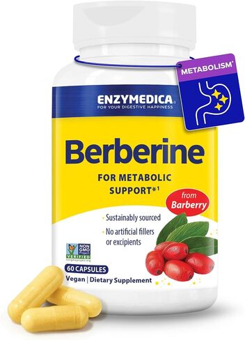 مكمل Enzymedica Berberine HCl 510 مجم - كبسولات بربارين للرجال والنساء، دعم الصحة الأيضية الطبيعية، نباتي، خالي من الغلوتين، غير معدل وراثيًا - 120 كبسولة إطلاق مستهدفة in Kuwait