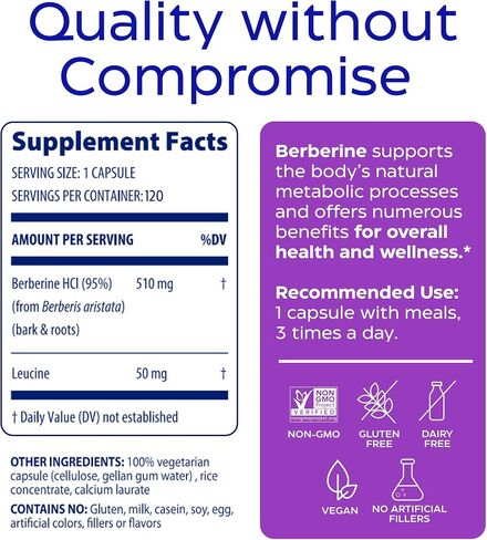مكمل Enzymedica Berberine HCl 510 مجم - كبسولات بربارين للرجال والنساء، دعم الصحة الأيضية الطبيعية، نباتي، خالي من الغلوتين، غير معدل وراثيًا - 120 كبسولة إطلاق مستهدفة in Kuwait