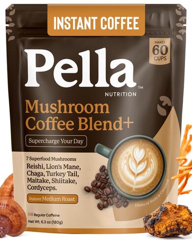 Pella Nutrition Mushroom Coffee – Lions Mane, Reishi, Chaga, Cordyceps, Shiitake, Maitake, and Turkey Tail Mushroom Supplement – Superfood Instant Coffee for Focus & Energy (Regular Caffeine, 60 Cups) in Saudi Arabia