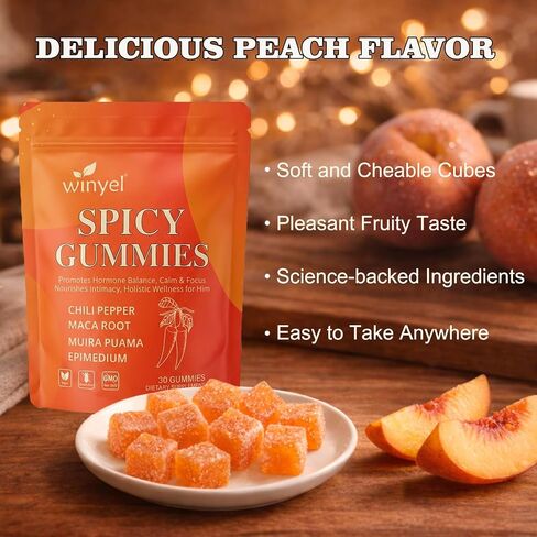Spicy Gummies Cubes - Hot Peach Flavor - Chili Pepper, Maca Root & Muira Puama - Herbal Supplement for Energy, Mood & Vitality - Romantic Mood Enhancer for Couples in Saudi Arabia
