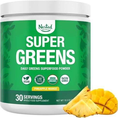 Nested Naturals Super Greens Daily Superfood Powder - Certified USDA Organic Green Powder w/20+ Whole Foods, Spirulina Powder,Wheat & Barley Grass - Probiotics, Fiber & Enzymes - Original Flavour, 30 in Saudi Arabia