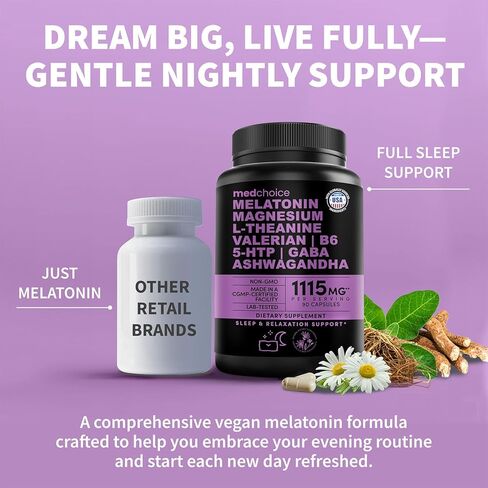 12-in-1 Melatonin Sleep Capsules - Natural Sleep Aids for Adults with Melatonin 5mg and Magnesium Glycinate 500mg, Sleep Aid with Ashwagandha, L Theanine, Valerian Root, GABA, 5-HTP (90ct, Pack of 1) in Saudi Arabia