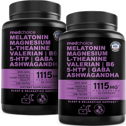 12-in-1 Melatonin Sleep Capsules - Natural Sleep Aids for Adults with Melatonin 5mg and Magnesium Glycinate 500mg, Sleep Aid with Ashwagandha, L Theanine, Valerian Root, GABA, 5-HTP (90ct, Pack of 1) in Saudi Arabia