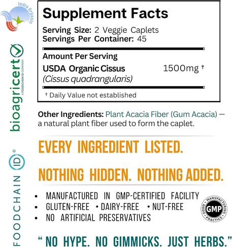 Cissus Quadrangularis – USDA Organic, 1500 mg per Serving, Whole Herb, No Extract, NPOP & BioAgriCert Certified, 90 Vegan Caplets in Saudi Arabia