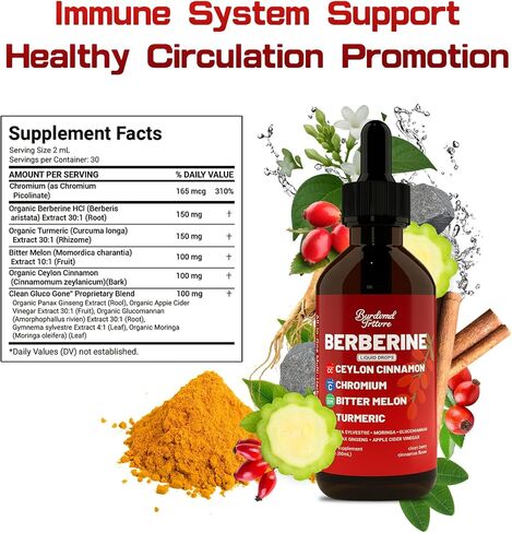 Berberine Drops with Ceylon Cinnamon Supplement, Berberine HCL, Chromium, Bitter Melon & Turmeric Liquid Drops for Immune Health & Metabolic Support, Fast Absorption - 4 fl oz in Saudi Arabia