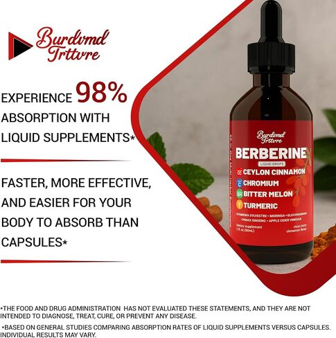 Berberine Drops with Ceylon Cinnamon Supplement, Berberine HCL, Chromium, Bitter Melon & Turmeric Liquid Drops for Immune Health & Metabolic Support, Fast Absorption - 4 fl oz in Saudi Arabia