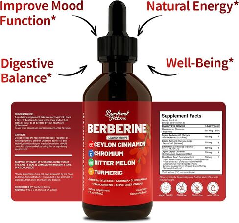 Berberine Drops with Ceylon Cinnamon Supplement, Berberine HCL, Chromium, Bitter Melon & Turmeric Liquid Drops for Immune Health & Metabolic Support, Fast Absorption - 4 fl oz in Saudi Arabia