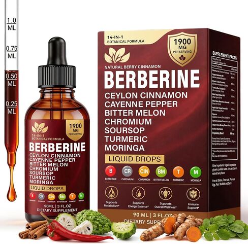 Berberine with Ceylon Cinnamon Supplement Liquid Drops, 1900mg 14-in-1 Herbal Complex with Turmeric, Bitter Melon, Panax Ginseng, Turmeric & Soursop, Metabolic & Immune Support for Men & Women, 90ml in Saudi Arabia