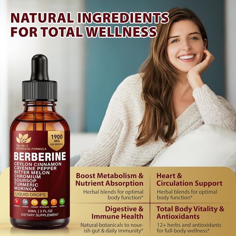 Berberine with Ceylon Cinnamon Supplement Liquid Drops, 1900mg 14-in-1 Herbal Complex with Turmeric, Bitter Melon, Panax Ginseng, Turmeric & Soursop, Metabolic & Immune Support for Men & Women, 90ml in Saudi Arabia