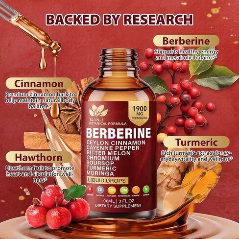 Berberine with Ceylon Cinnamon Supplement Liquid Drops, 1900mg 14-in-1 Herbal Complex with Turmeric, Bitter Melon, Panax Ginseng, Turmeric & Soursop, Metabolic & Immune Support for Men & Women, 90ml in Saudi Arabia