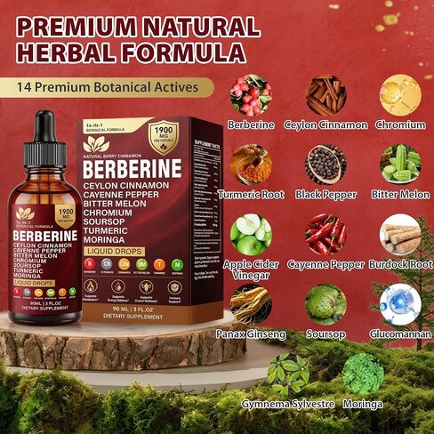Berberine with Ceylon Cinnamon Supplement Liquid Drops, 1900mg 14-in-1 Herbal Complex with Turmeric, Bitter Melon, Panax Ginseng, Turmeric & Soursop, Metabolic & Immune Support for Men & Women, 90ml in Saudi Arabia