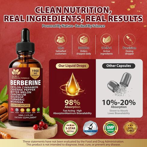 Berberine with Ceylon Cinnamon Supplement Liquid Drops, 1900mg 14-in-1 Herbal Complex with Turmeric, Bitter Melon, Panax Ginseng, Turmeric & Soursop, Metabolic & Immune Support for Men & Women, 90ml in Saudi Arabia
