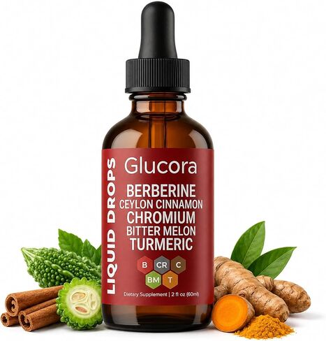 Glucora Berberina Liquida Gotas, Berberine Drops with Ceylon Cinnamon, Bitter Melon, Gymnema, Chromium, Turmeric, Ginger & Moringa for Daily Metabolic Wellness Support, Vegan Sugar-Free Drops, 2 fl oz in Saudi Arabia