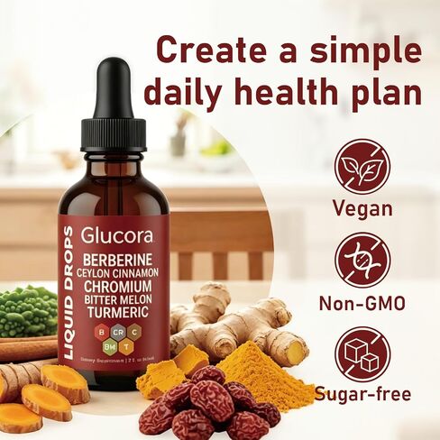 Glucora Berberina Liquida Gotas, Berberine Drops with Ceylon Cinnamon, Bitter Melon, Gymnema, Chromium, Turmeric, Ginger & Moringa for Daily Metabolic Wellness Support, Vegan Sugar-Free Drops, 2 fl oz in Saudi Arabia