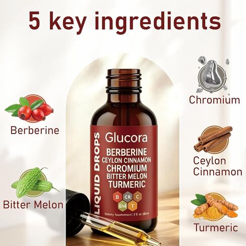 Glucora Berberina Liquida Gotas, Berberine Drops with Ceylon Cinnamon, Bitter Melon, Gymnema, Chromium, Turmeric, Ginger & Moringa for Daily Metabolic Wellness Support, Vegan Sugar-Free Drops, 2 fl oz in Saudi Arabia