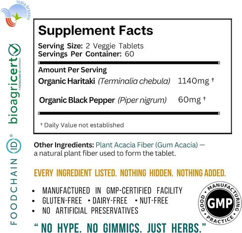 Haritaki Pro – USDA Organic Haritaki Supplement with Black Pepper, Whole Terminalia Chebula Fruit, No Extract, NPOP & BioAgriCert Certified, 120 Tablets in Saudi Arabia