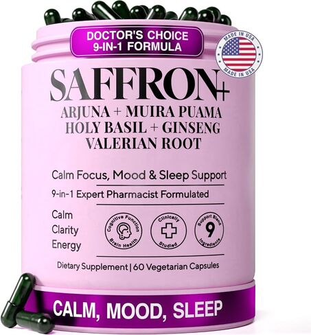 Saffron Supplement - 9-in-1 Formula with 100mg Saffron Extract, Holy Basil, Ashwagandha & Magnesium Glycinate - Supports Positive Mood, Emotional Balance, Calm Focus & Daily Energy - 60 Capsules in Saudi Arabia