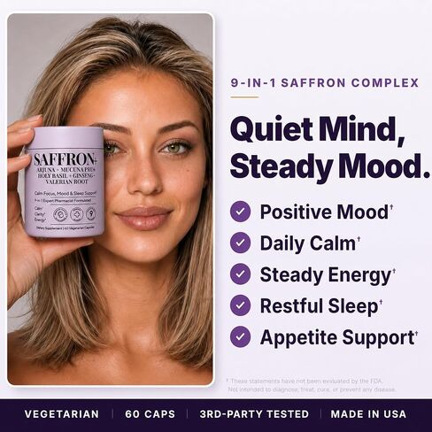 Saffron Supplement - 9-in-1 Formula with 100mg Saffron Extract, Holy Basil, Ashwagandha & Magnesium Glycinate - Supports Positive Mood, Emotional Balance, Calm Focus & Daily Energy - 60 Capsules in Saudi Arabia