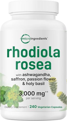 Micro Ingredients Rhodiola Rosea Supplement, 240 Vegetarian Capsules | Rhodiola Rosea Extract Powder with Ashwagandha, Saffron, Passion Flower & Holy Basil | Non-GMO, Gluten Free in Kuwait