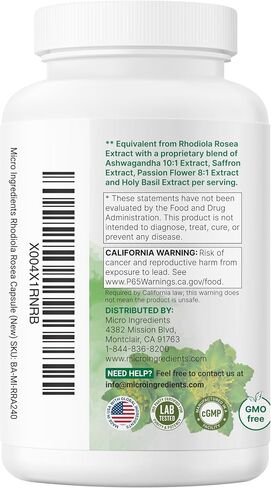 Micro Ingredients Rhodiola Rosea Supplement, 240 Vegetarian Capsules | Rhodiola Rosea Extract Powder with Ashwagandha, Saffron, Passion Flower & Holy Basil | Non-GMO, Gluten Free in Kuwait