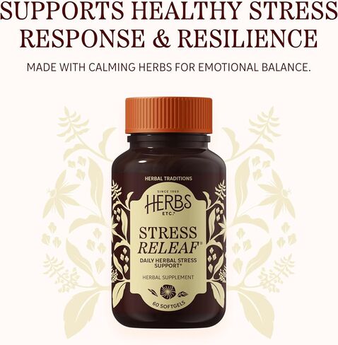 Herbs Etc. Stress ReLeaf Softgels - Herbal Supplement for Stress Support - Ashwagandha, Holy Basil & Passionflower - Soothing Relaxation Support - Gluten-Free & Organic - 60 Count (60 Servings) in Kuwait