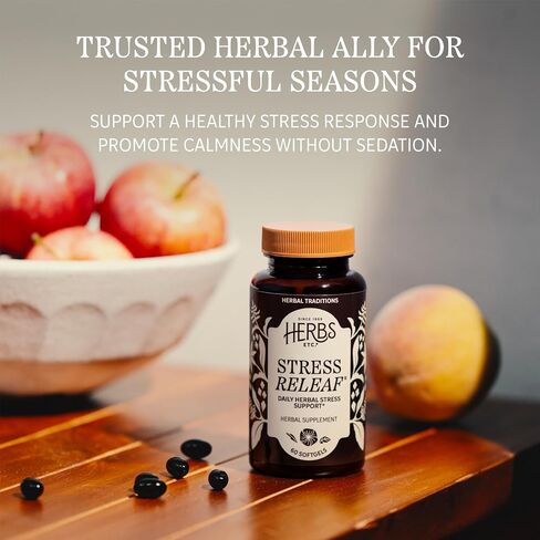 Herbs Etc. Stress ReLeaf Softgels - Herbal Supplement for Stress Support - Ashwagandha, Holy Basil & Passionflower - Soothing Relaxation Support - Gluten-Free & Organic - 60 Count (60 Servings) in Kuwait