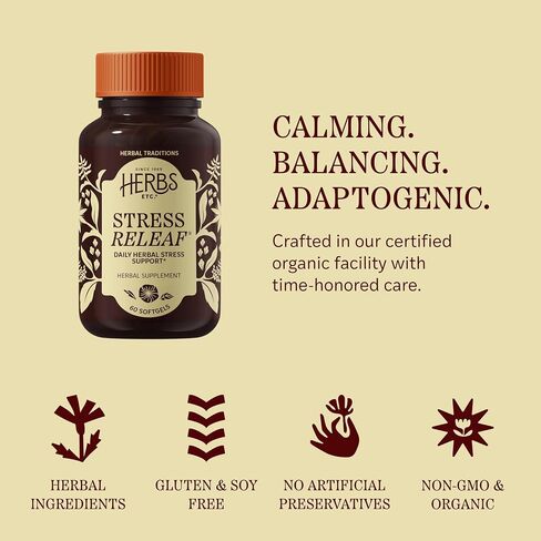 Herbs Etc. Stress ReLeaf Softgels - Herbal Supplement for Stress Support - Ashwagandha, Holy Basil & Passionflower - Soothing Relaxation Support - Gluten-Free & Organic - 60 Count (60 Servings) in Kuwait