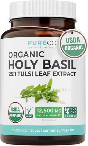 PURE CO USDA Organic Holy Basil Supplement – High Potency Organic Holy Basil 500mg 25:1 Extract 1 Capsule Per Serving – High Strength Tulsi Extract – 120 Vegan Capsules – Non-GMO & Made in USA in Saudi Arabia