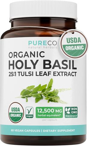 PURE CO USDA Organic Holy Basil Supplement – High Potency Organic Holy Basil 500mg 25:1 Extract 1 Capsule Per Serving – High Strength Tulsi Extract – 120 Vegan Capsules – Non-GMO & Made in USA in Saudi Arabia