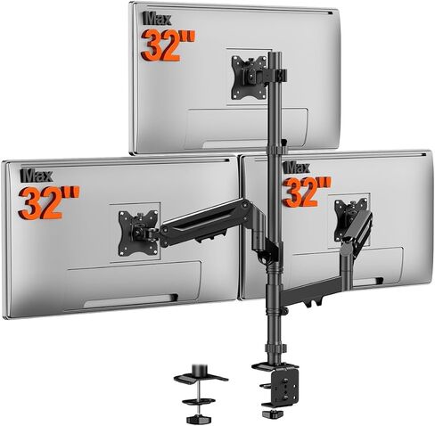 Triple Monitor Mount for up to 32-inch Screens, Heavy Duty 3 Monitor Desk Mount with Gas Spring Arms, Fully Adjustable Tilt Swivel Rotation, Holds 19.8 lbs per Arm, VESA 75x75/100x100mm, Black in Saudi Arabia