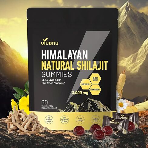 VivoNu Shilajit* Gummies,Pure Himalayan* micronutrient Supplement, Himalayan Premium Ingredient with Shilajit, Ashwagandha, Gokshura, Fulvic Acid & 85+ Trace Minerals I for Men & Women (4000MG/1 Bag) in Kuwait