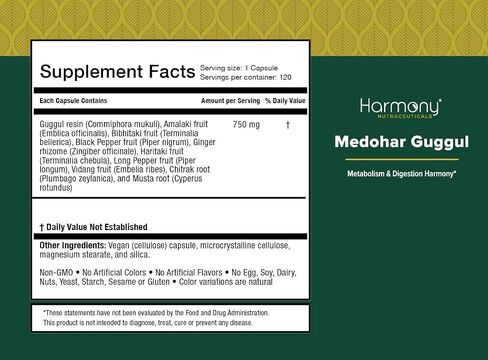 Harmony Nutraceuticals Medohar Guggul – Metabolism & Digestive Function Support – Traditional Ayurvedic Herbal Formula – Dr. Gumman’s Clinical Grade – 120 Premium 750 mg Vegan Capsules – Made in USA in Saudi Arabia