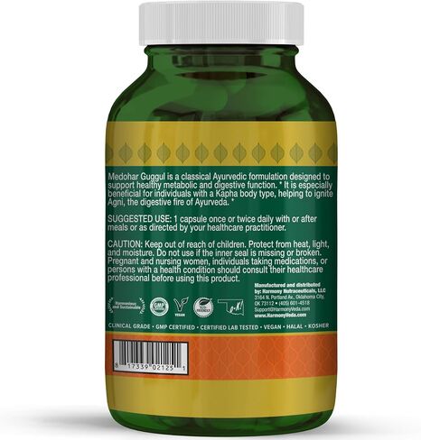 Harmony Nutraceuticals Medohar Guggul – Metabolism & Digestive Function Support – Traditional Ayurvedic Herbal Formula – Dr. Gumman’s Clinical Grade – 120 Premium 750 mg Vegan Capsules – Made in USA in Saudi Arabia