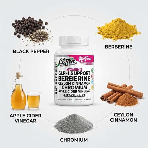 Berberine 1000mg Supplement with Apple Cider Vinegar Capsules - Women's Metabolic Support with Ceylon Cinnamon, Chromium Picolinate 1000mcg & Black Pepper Extract - Metabolic Wellness - 90 Count in Kuwait