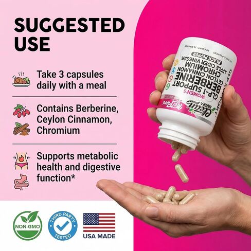 Berberine 1000mg Supplement with Apple Cider Vinegar Capsules - Women's Metabolic Support with Ceylon Cinnamon, Chromium Picolinate 1000mcg & Black Pepper Extract - Metabolic Wellness - 90 Count in Kuwait