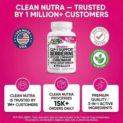 Berberine 1000mg Supplement with Apple Cider Vinegar Capsules - Women's Metabolic Support with Ceylon Cinnamon, Chromium Picolinate 1000mcg & Black Pepper Extract - Metabolic Wellness - 90 Count in Kuwait