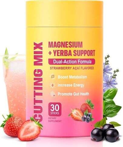 Cutting Drink Mix – Supports Energy & Gut Health with Magnesium, Berberine, Chromium, 5-HTP, Yerba Mate & FOS | Sugar-Free, Vegan, Non-GMO, Strawberry Açaí - 30 Servings in Kuwait