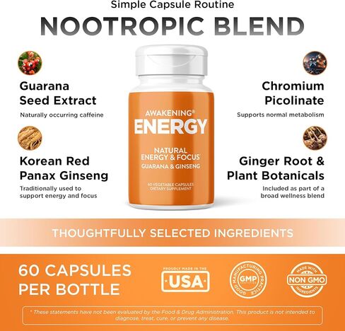 Awakening Natural Energy & Focus Supplement with Panax Ginseng, Guarana Extract & Chromium Picolinate | Brain Supplement for Focus, Energy, Mood & Clarity | Gluten Free Veggie, USA - 60 Caps in Saudi Arabia