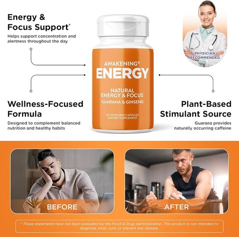 Awakening Natural Energy & Focus Supplement with Panax Ginseng, Guarana Extract & Chromium Picolinate | Brain Supplement for Focus, Energy, Mood & Clarity | Gluten Free Veggie, USA - 60 Caps in Saudi Arabia