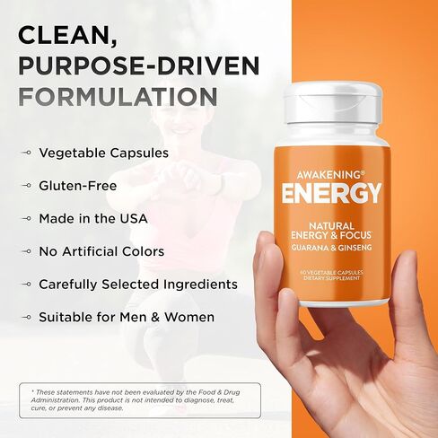 Awakening Natural Energy & Focus Supplement with Panax Ginseng, Guarana Extract & Chromium Picolinate | Brain Supplement for Focus, Energy, Mood & Clarity | Gluten Free Veggie, USA - 60 Caps in Saudi Arabia
