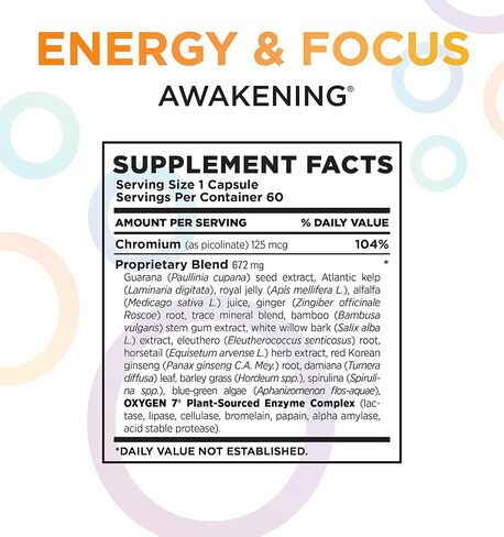 Awakening Natural Energy & Focus Supplement with Panax Ginseng, Guarana Extract & Chromium Picolinate | Brain Supplement for Focus, Energy, Mood & Clarity | Gluten Free Veggie, USA - 60 Caps in Saudi Arabia