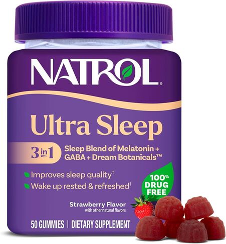 Natrol Ultra Sleep 3-in-1 100% Drug-Free Sleep Aid Blend with Melatonin, GABA & Botanicals, Dietary Supplement, Non-Habit Forming, 50 Gummies in Kuwait