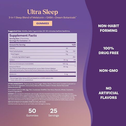 Natrol Ultra Sleep 3-in-1 100% Drug-Free Sleep Aid Blend with Melatonin, GABA & Botanicals, Dietary Supplement, Non-Habit Forming, 50 Gummies in Kuwait