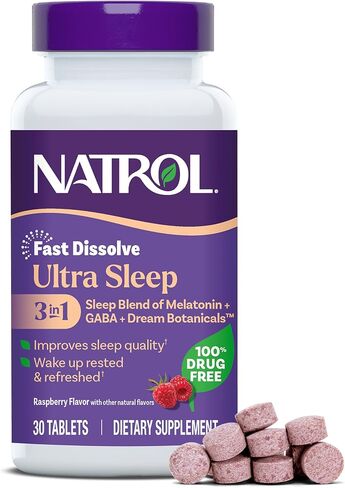 Natrol Ultra Sleep 3 في 1 مزيج مساعد على النوم خالٍ من الأدوية بنسبة 100% مع الميلاتونين والغابا والنباتات، مكمل غذائي، لا يسبب العادة، 30 قرصًا سريع الذوبان in Kuwait