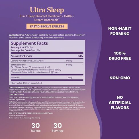 Natrol Ultra Sleep 3 في 1 مزيج مساعد على النوم خالٍ من الأدوية بنسبة 100% مع الميلاتونين والغابا والنباتات، مكمل غذائي، لا يسبب العادة، 30 قرصًا سريع الذوبان in Kuwait