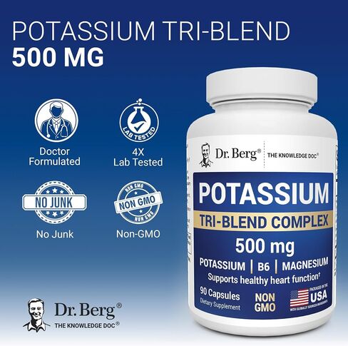 Dr. Berg Potassium Tri-Blend Complex – 500 mg Potassium Supplement for Muscle & Nerve Support* – Maximum Strength Potassium Formula w/Magnesium, B6 & Taurine – 90 Capsules in Kuwait