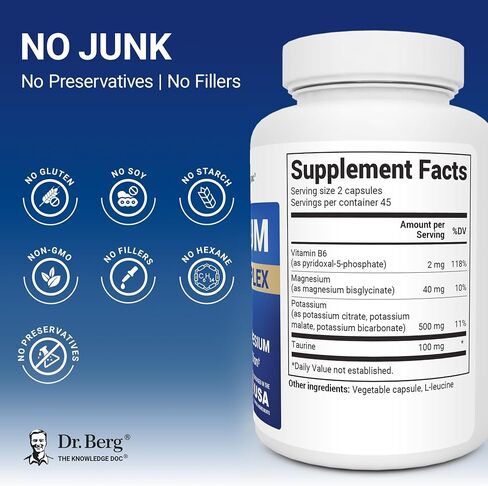 Dr. Berg Potassium Tri-Blend Complex – 500 mg Potassium Supplement for Muscle & Nerve Support* – Maximum Strength Potassium Formula w/Magnesium, B6 & Taurine – 90 Capsules in Kuwait