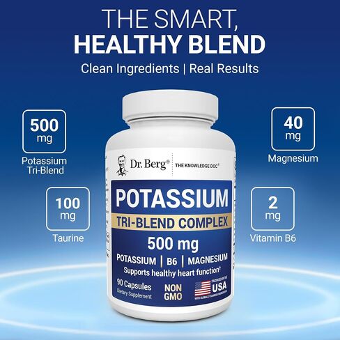 Dr. Berg Potassium Tri-Blend Complex – 500 mg Potassium Supplement for Muscle & Nerve Support* – Maximum Strength Potassium Formula w/Magnesium, B6 & Taurine – 90 Capsules in Kuwait