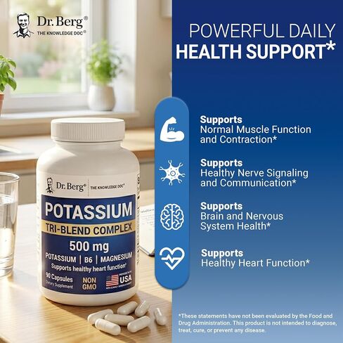 Dr. Berg Potassium Tri-Blend Complex – 500 mg Potassium Supplement for Muscle & Nerve Support* – Maximum Strength Potassium Formula w/Magnesium, B6 & Taurine – 90 Capsules in Kuwait