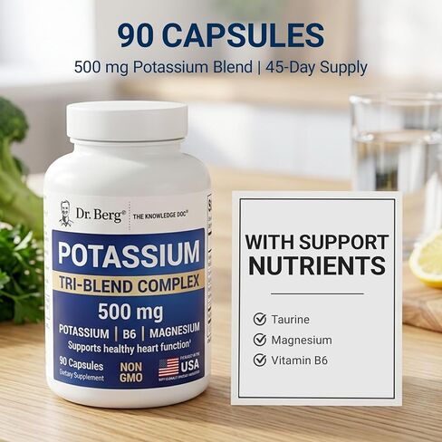 Dr. Berg Potassium Tri-Blend Complex – 500 mg Potassium Supplement for Muscle & Nerve Support* – Maximum Strength Potassium Formula w/Magnesium, B6 & Taurine – 90 Capsules in Kuwait